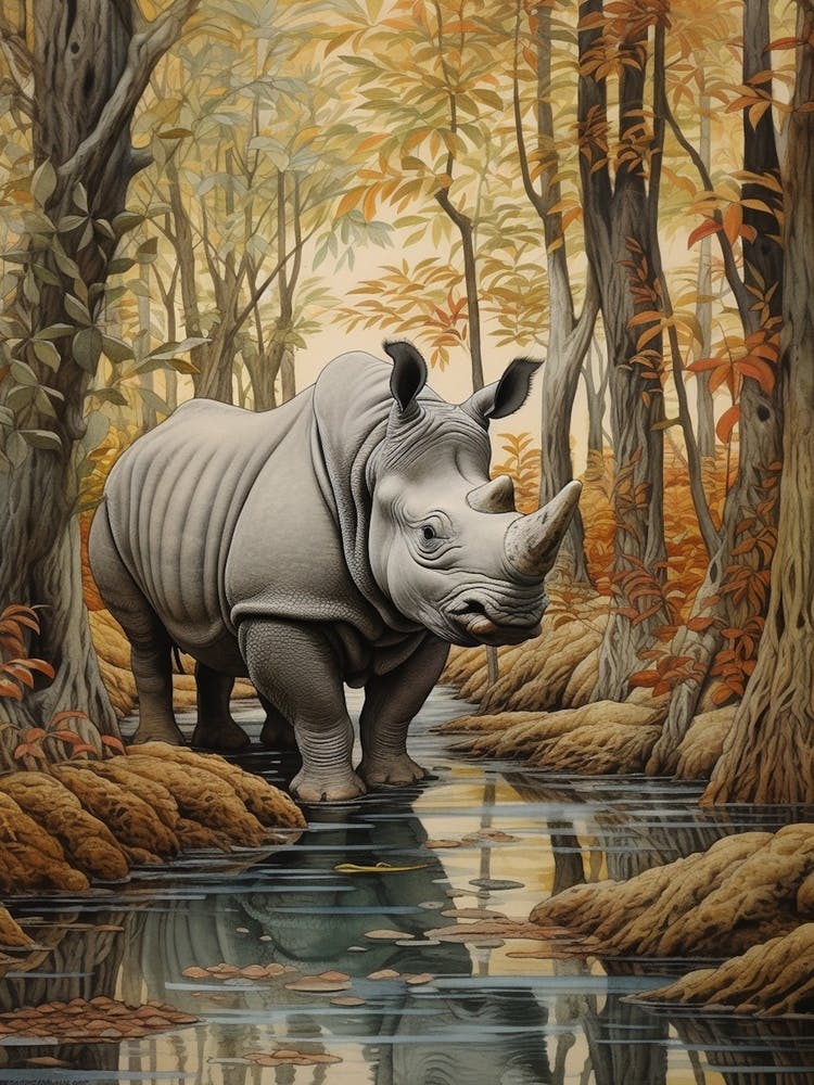 Rhino In The Jungle Realistic Illustration 1