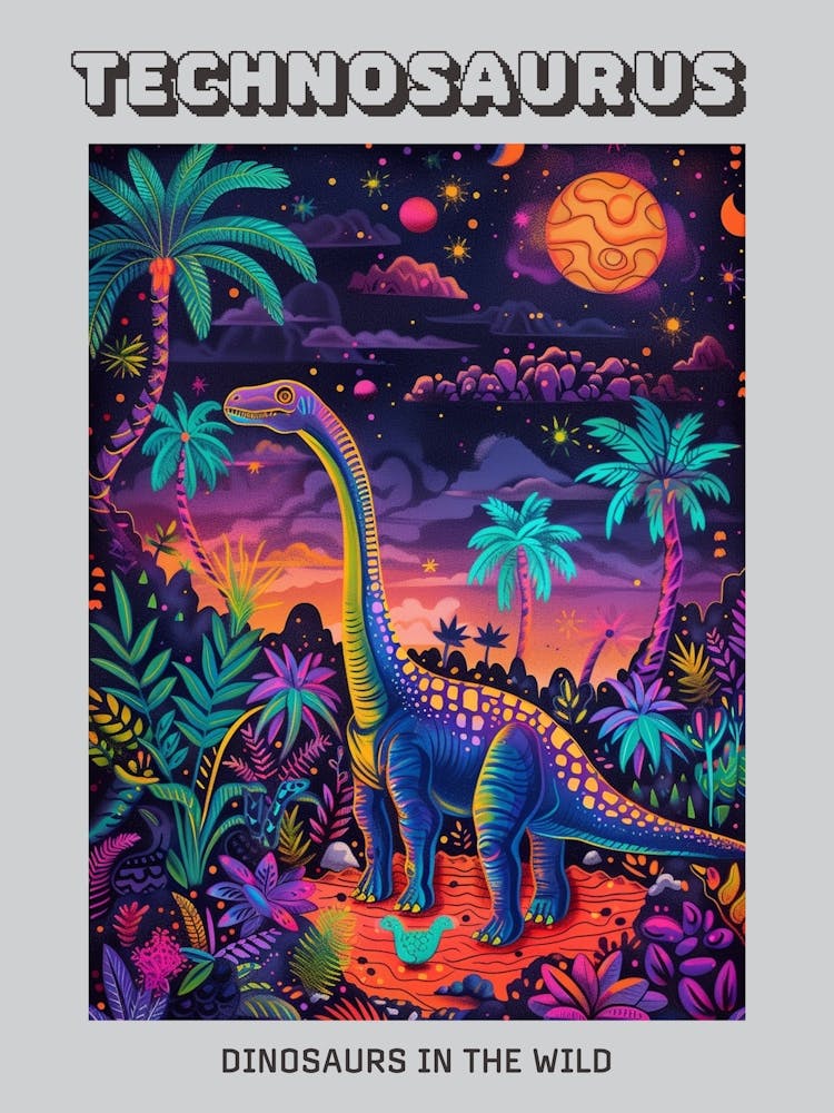 Abstract Neon Dinosaurs In Jurassic Landscape 1 Poster