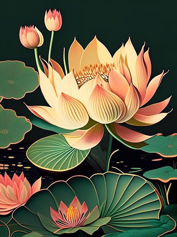 Lotus Flower In Garden Retro Illustration 3