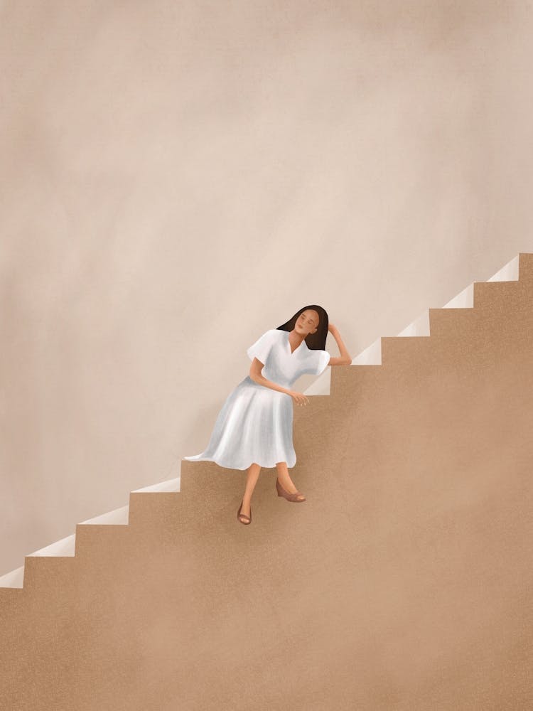 Fille Pensant sur un Escalier