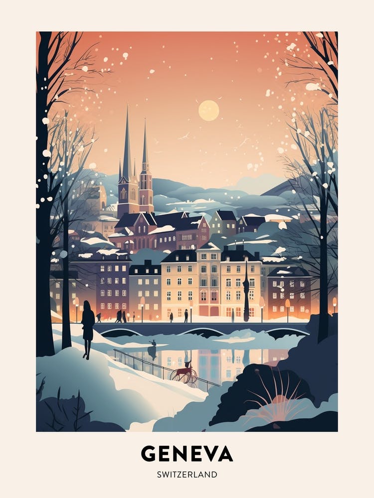 Winter Night  Travel Poster Geneva Switzerland 4