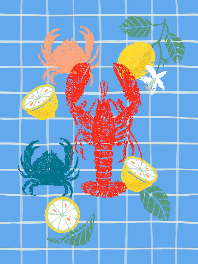 Lobster and lemons linocut blue checks