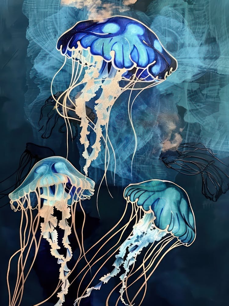 Jellyfish Painting Gold Blue Effect Collage 4