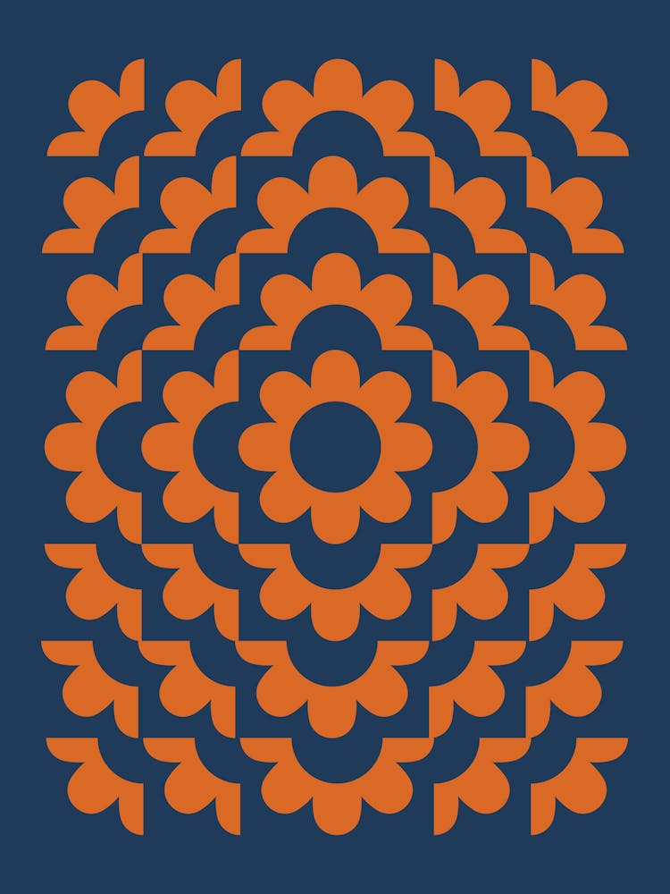Abstract Flowers Pattern 1 In Navy Blue Burnt Orange 01
