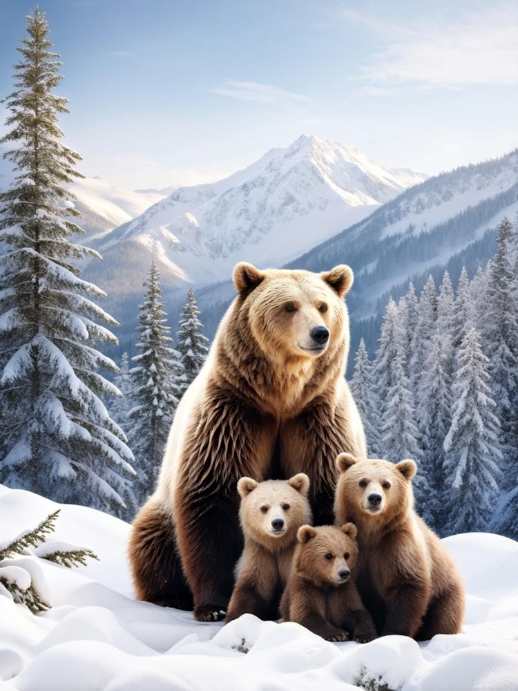 Capturing The Serene Portrait Of A Mother Bear Cradling Her Cubs Amidst A Snowy Alpine Forest Evoki