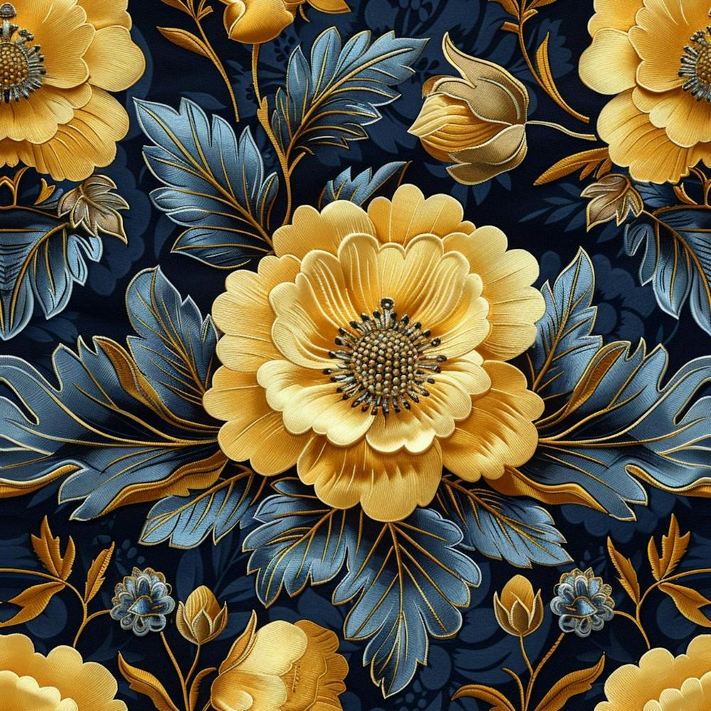 Seamless Floral Pattern With Huge Flowers And Leaves , Knitting Damask Ornament , Continious Ornament Of Eleven Gold And Blue Damask Floral Ornament Seamless Pattern, In The Style Of Navy And Eleven Gold, Trace Monotone, Geometric