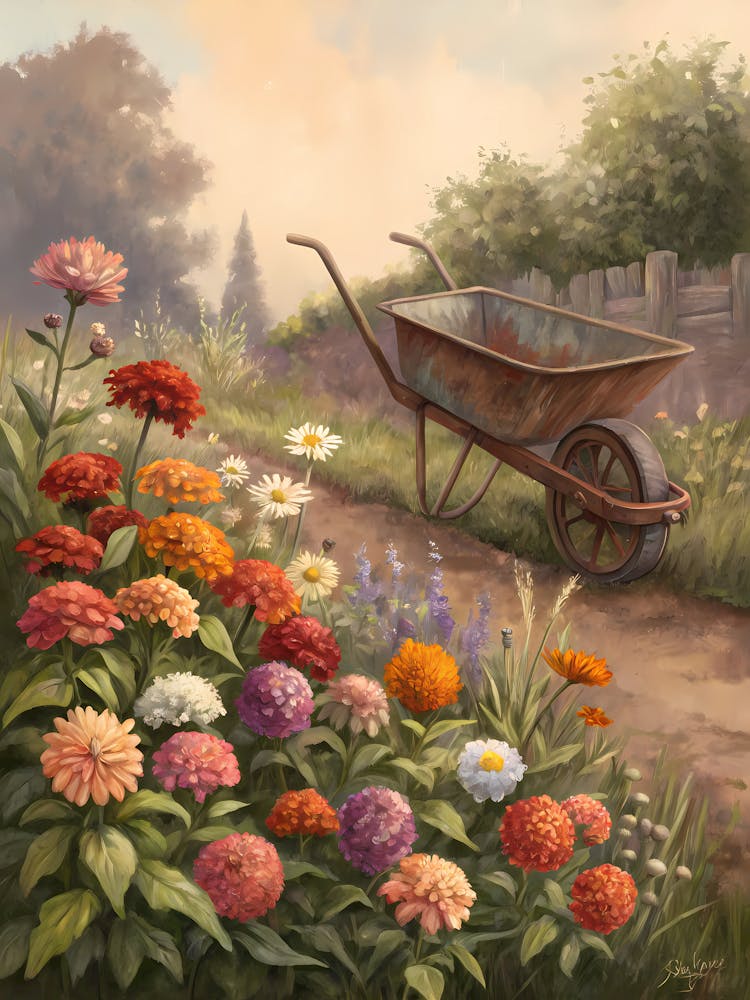 Oil Painting Style Cottage Garden Path Rustic Wheelbarrow & Wildflowers