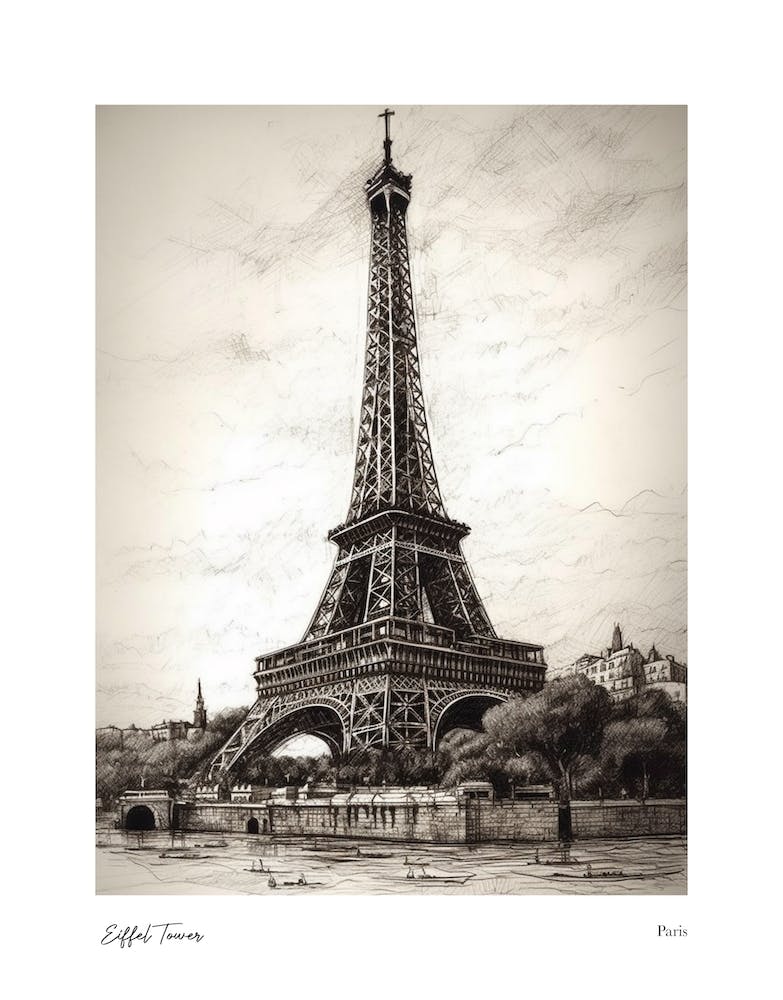 Eiffel Tower Paris Pencil Sketch 2 Watercolour Travel Poster