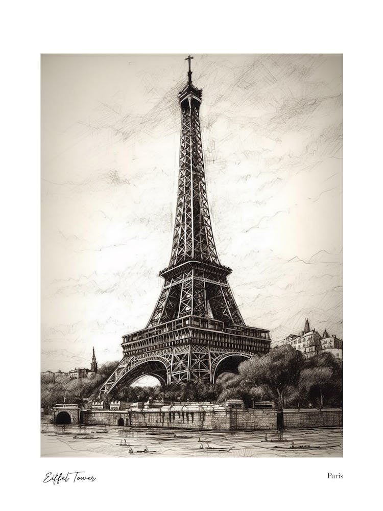Eiffel Tower Paris Pencil Sketch 2 Watercolour Travel Poster