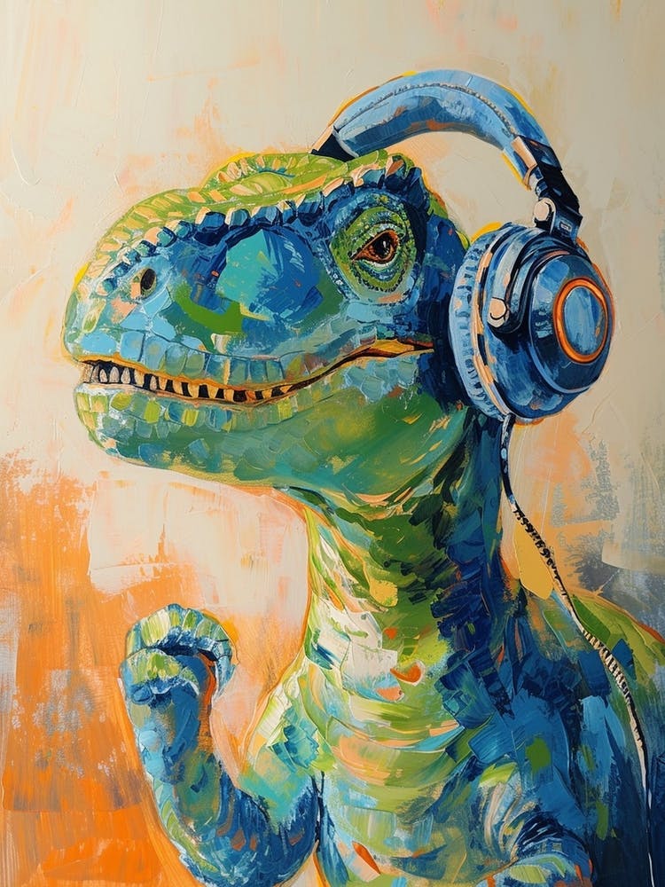 Green Orange Blue Dinosaur With Headphones On 1