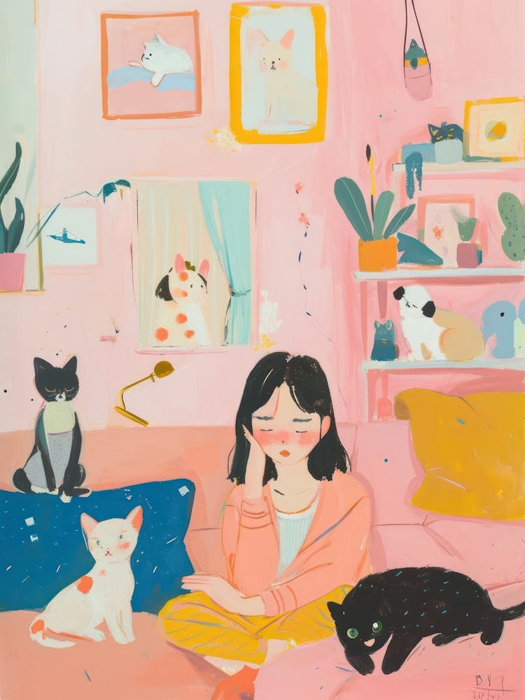 Girl Cat Lover Lo Fi Kawaii Illustration 2