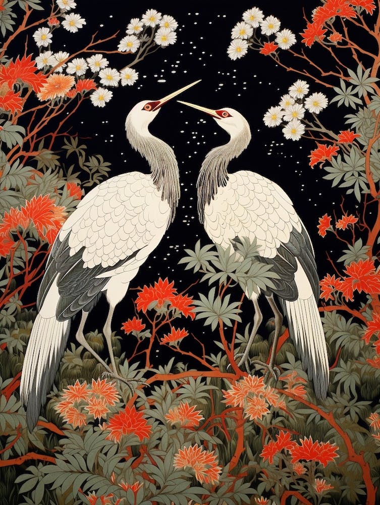 Black And Red Cranes 4 Vintage Japanese Botanical