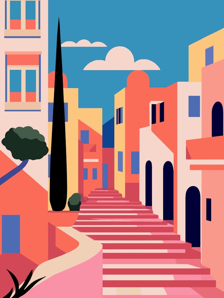 Flat Vector Santorini SerenityGreece City Street