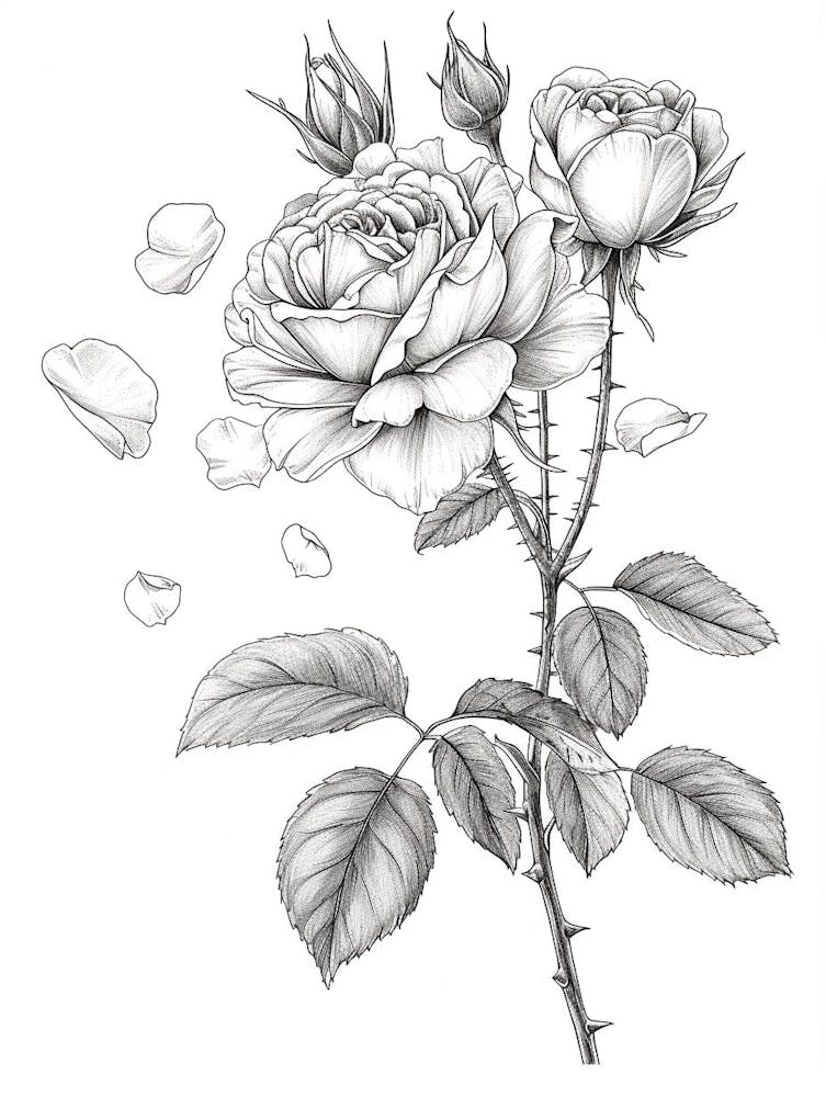 Rose With Petals Line Drawing 2