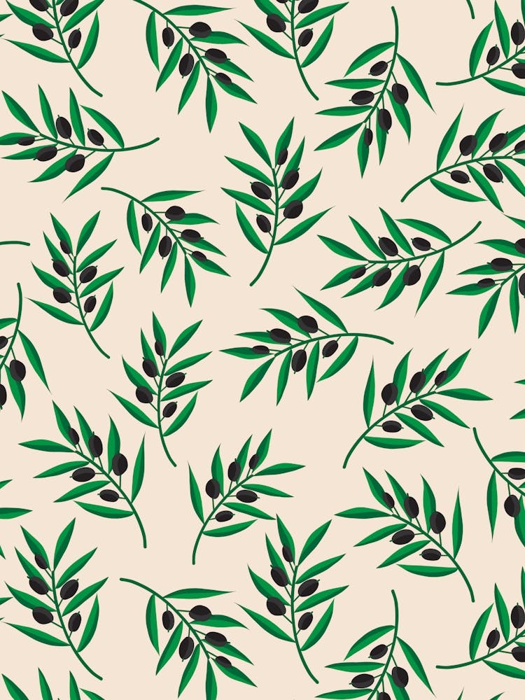 Scattered Olive Branches - Black Olives on Cream White