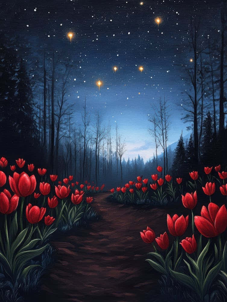 Red Tulips Under The Stars