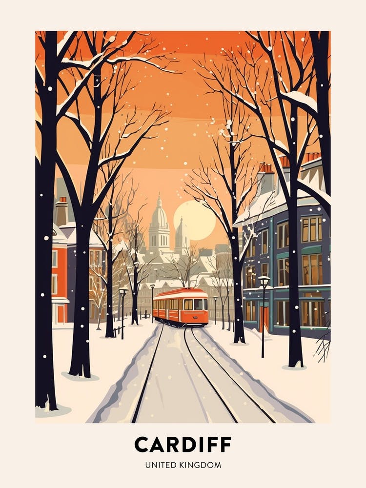 Vintage Winter Travel Poster Cardiff United Kingdom 1