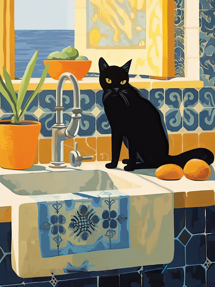 Black Cat In The Kitchen Sink, Mediterranean Style 2