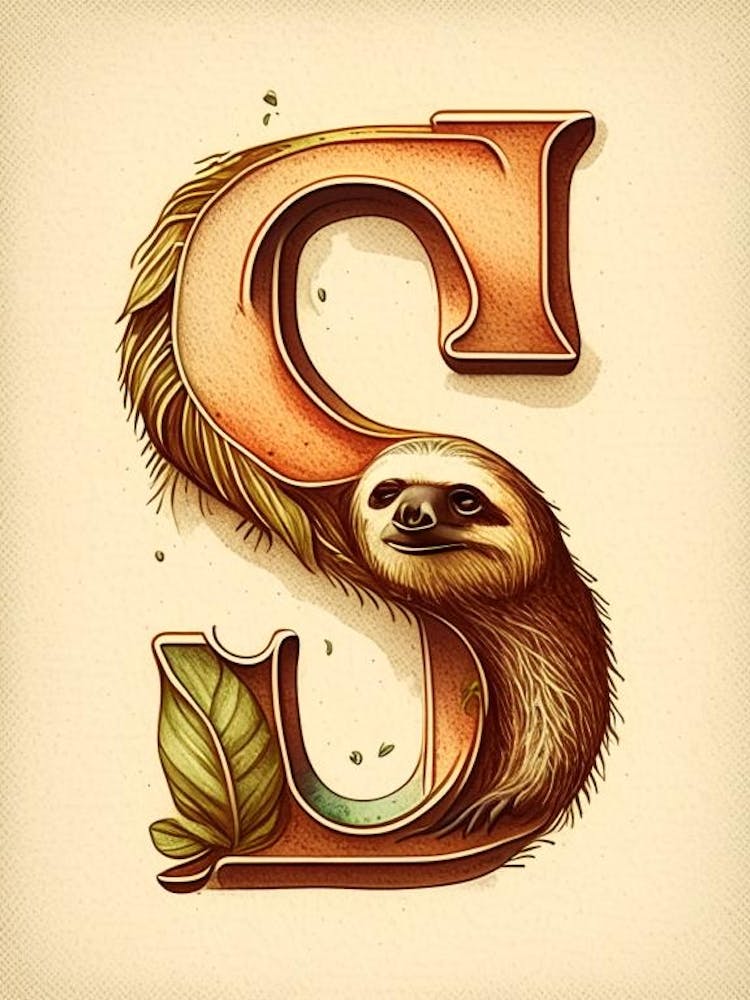 S  Sloth, Letter, Alphabet Retro Drawing 1