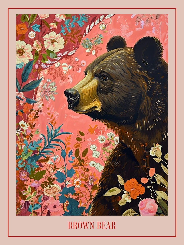 Floral Animal Painting Brown Bear 2 Poster