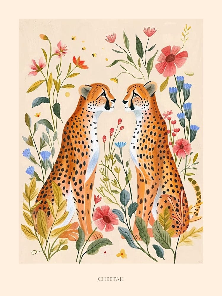 Folksy Floral Animal Drawing Cheetah Poster