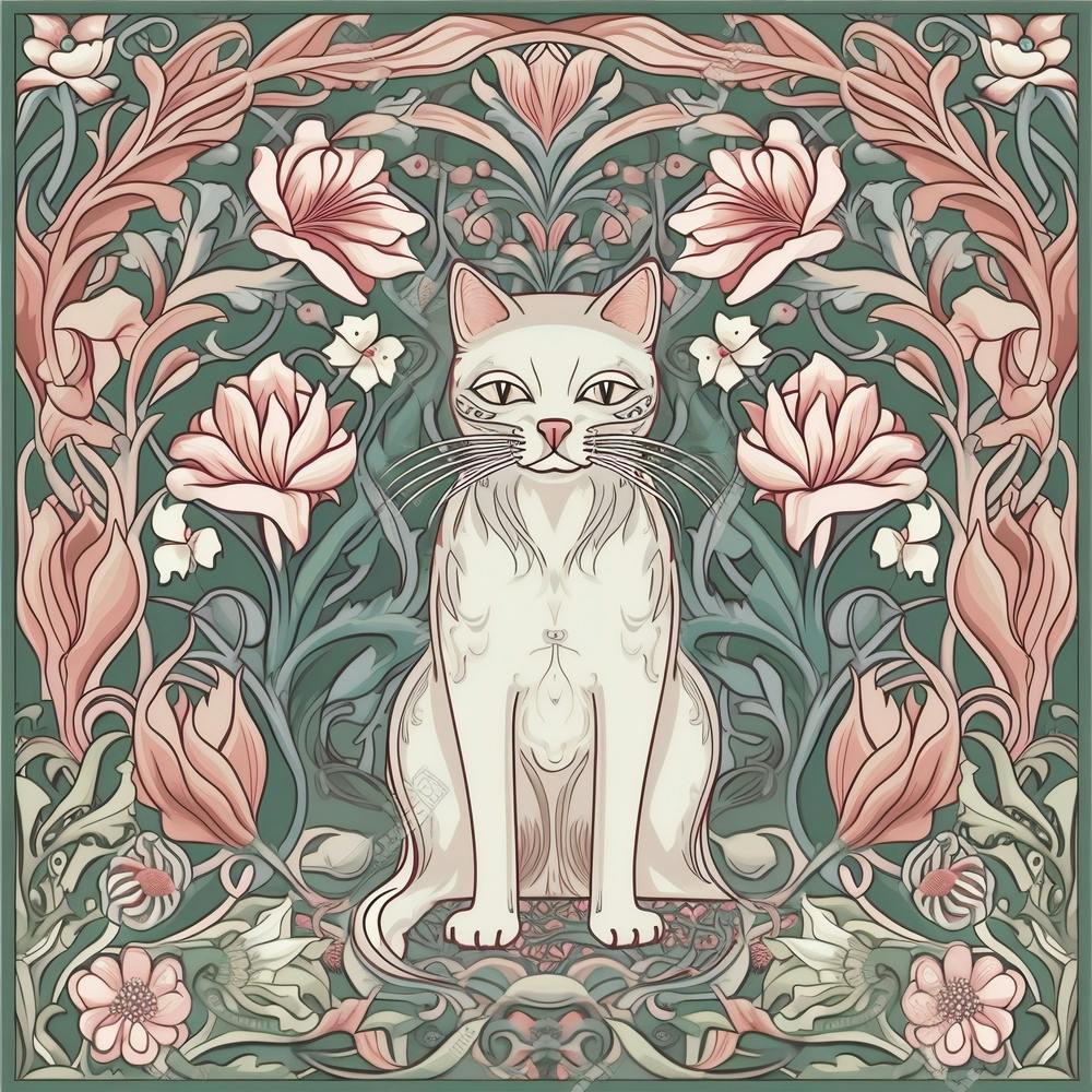 William Morris  Inspired  Classic Cats Sage And Pink Square