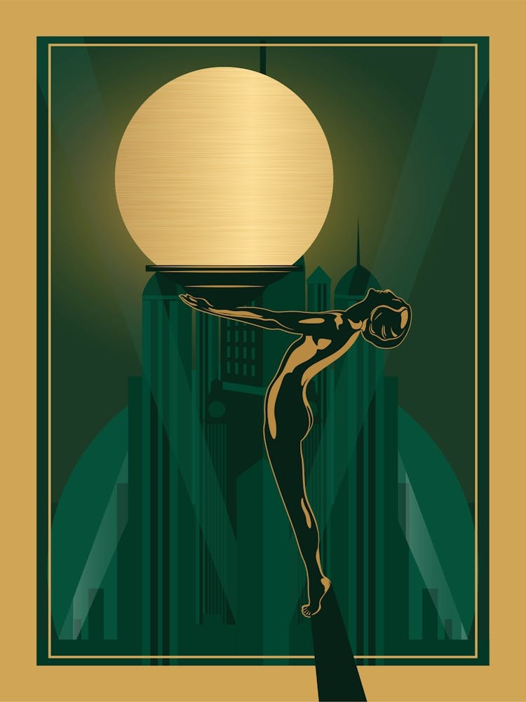 Art Deco Woman Print 2 Green & Gold