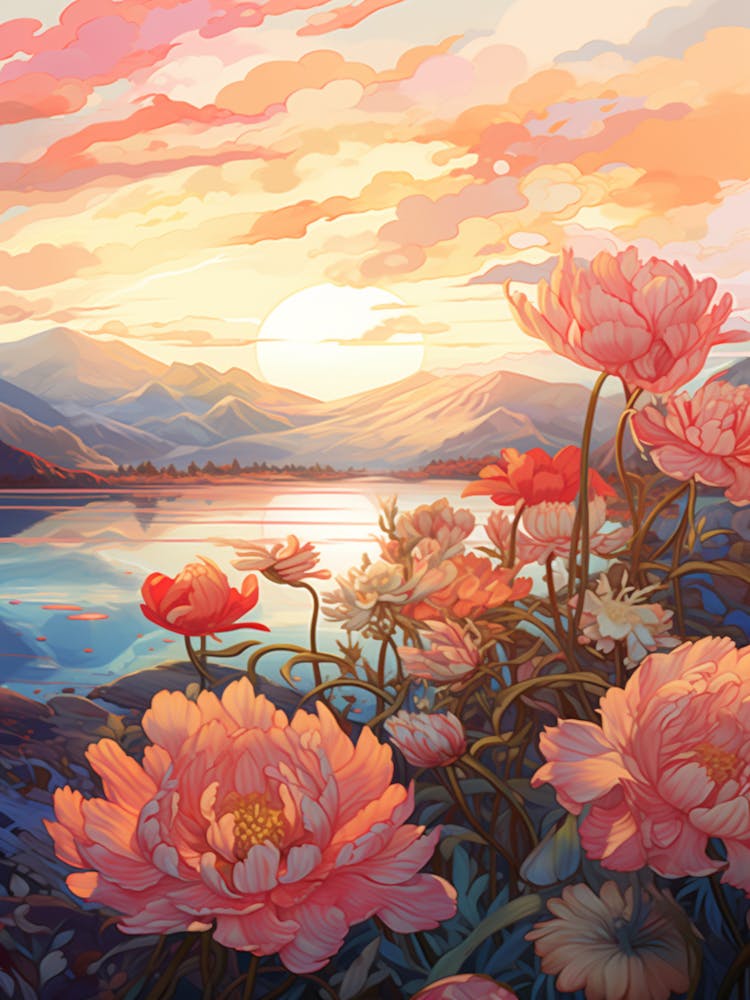 Peony With Sunset In Watercolors (3)