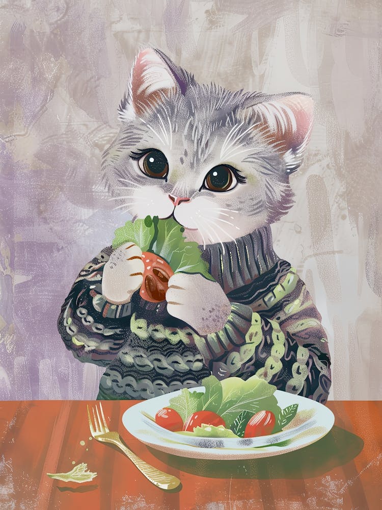Cute Cat Eating Salad Folk Illustration 1