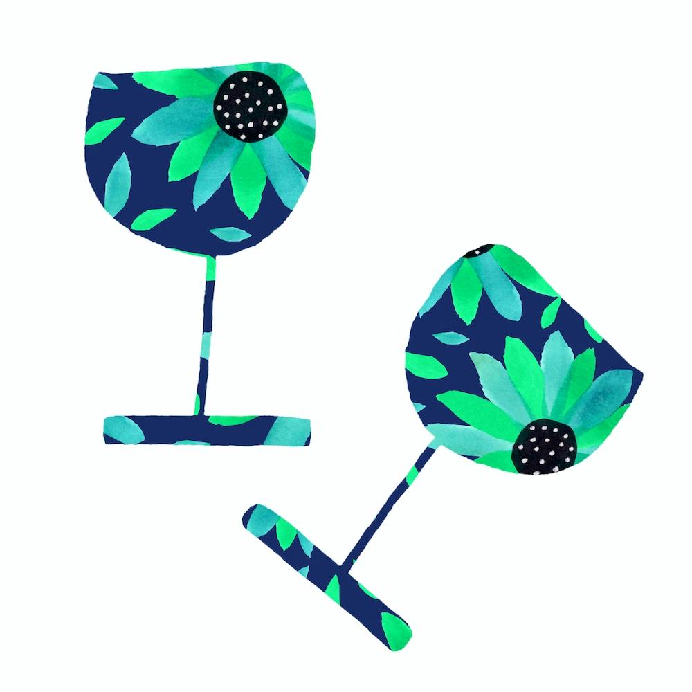 Floral Blue Green Wine Glasses Pair