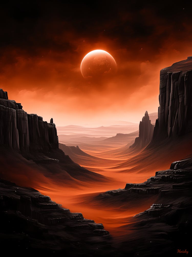 Crimson Dunes – Monochrome Martian Landscape Poster