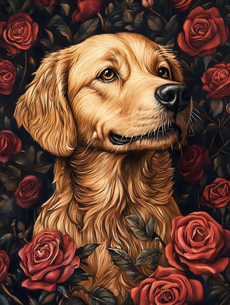 Golden Retriever And Roses 7