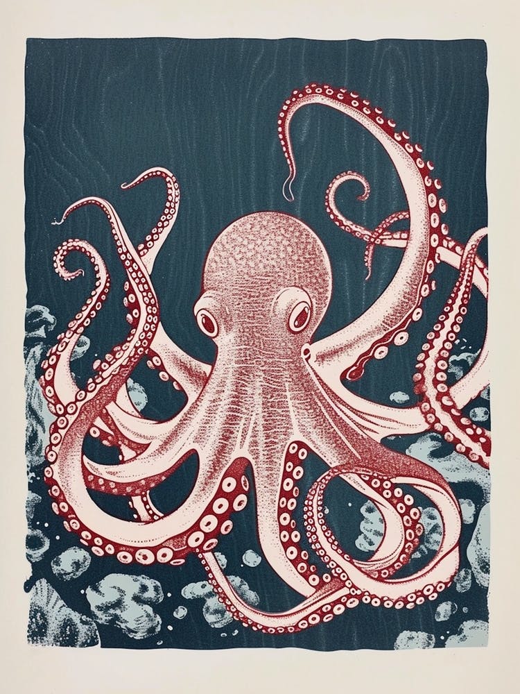 Red & Blue Octopus Retro Linocut Inspired 1