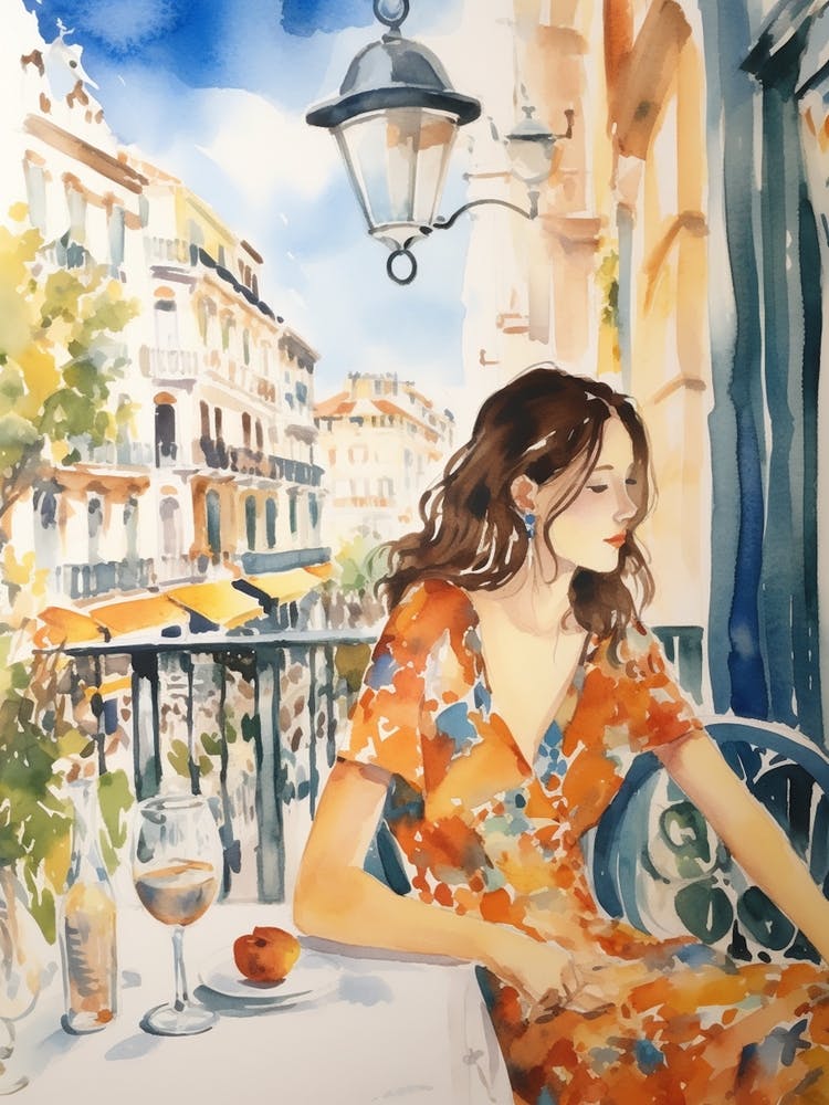At A Cafe In Malaga Spain Watercolour