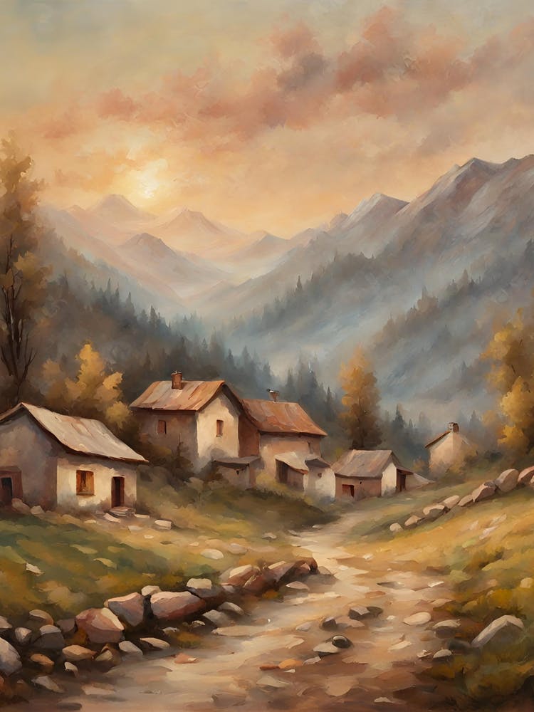 Village At Sunshine in the mountains oil painting style portrait format