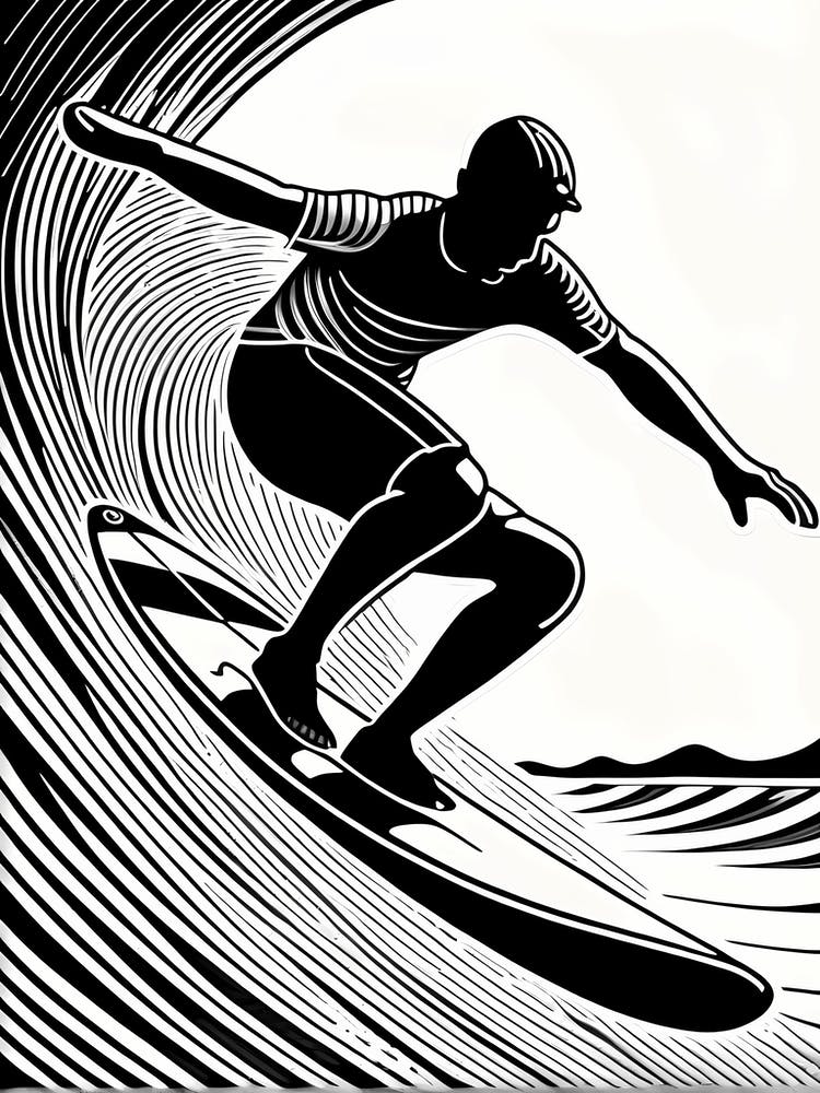 Linocut Black And White Surfer On A Wave art, surfing art, 238