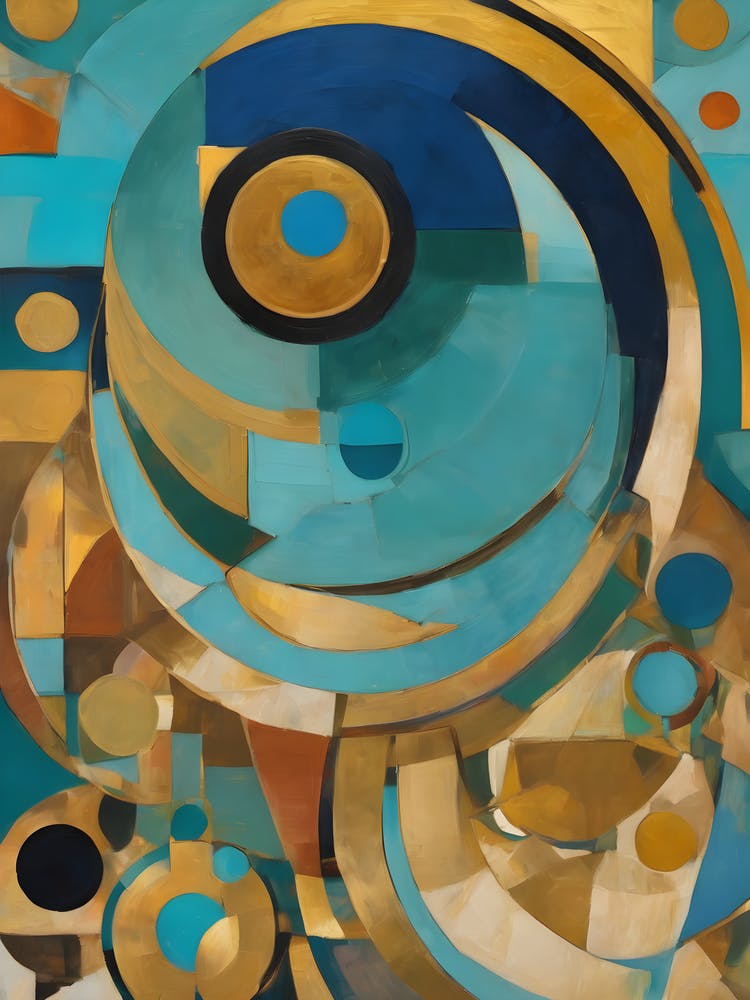 Acquaintance - Abstract Art Deco Geometric Shapes Oil Painting Modernist Picasso Inspired Bold Gold Green Turquoise Red Face Visionary Fantasy Style Wall Decor Surrealism Trippy Cool Room Art Invoke Psychedelic