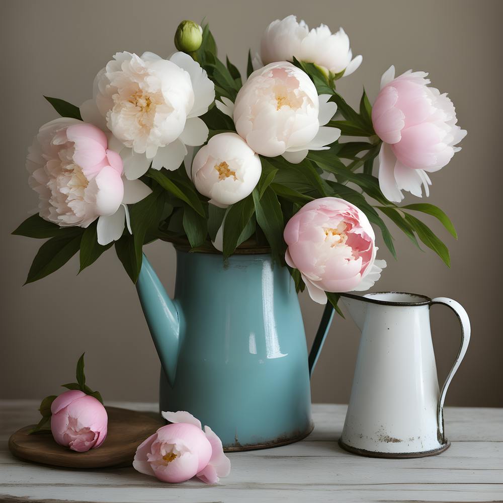 A Cozy Cottage Inspired Scene With A Bunch Of Peonies In A Vintage Enamelware Jug As Your S