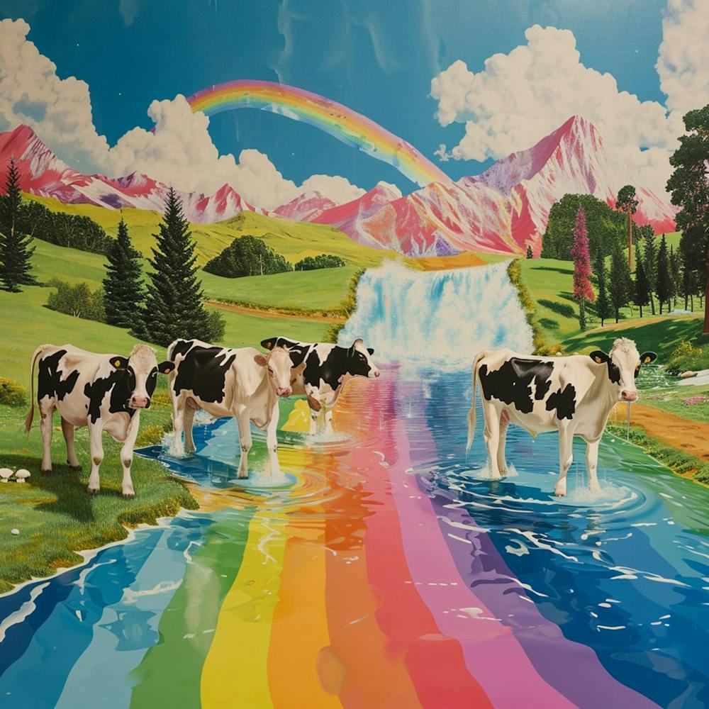 Rainbow Retro Collage Of Cows In The River
