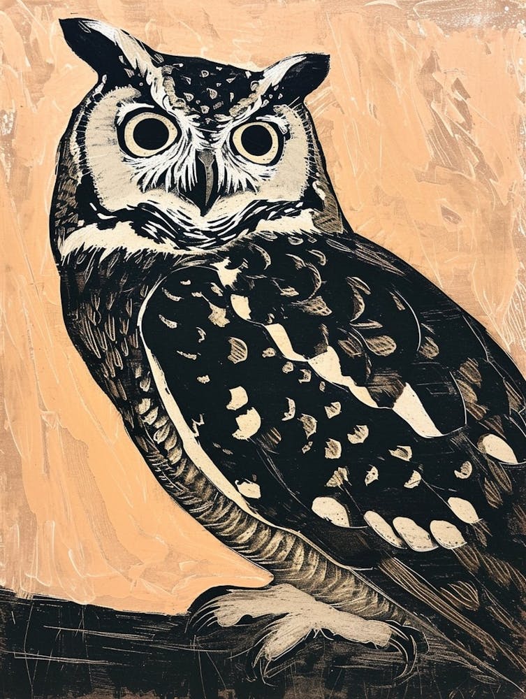 Collared Scops Owl Linocut Blockprint 2