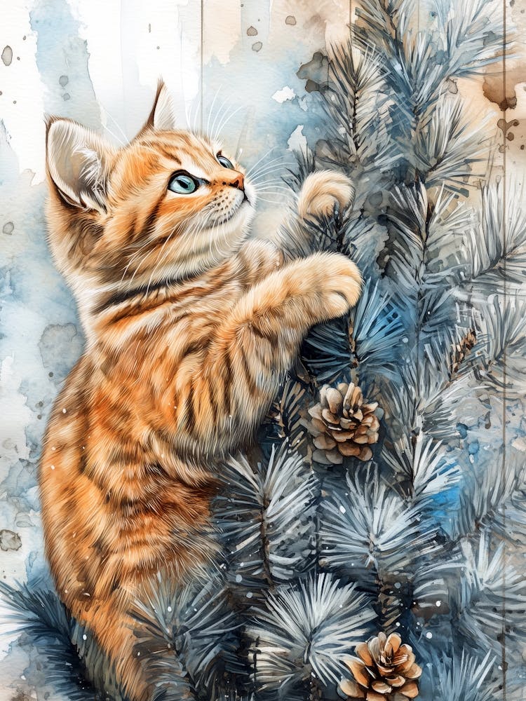 Cat Climbing A Pine Tree