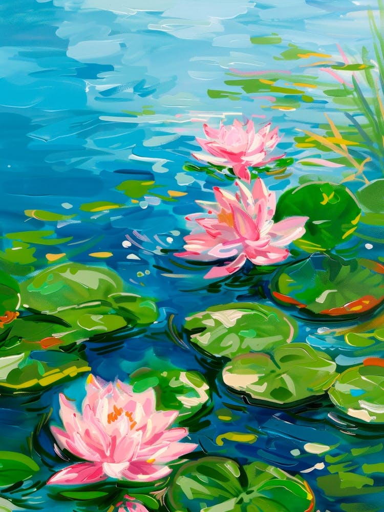 Water Lilies Painting. Pink Lotus On Pond Oil