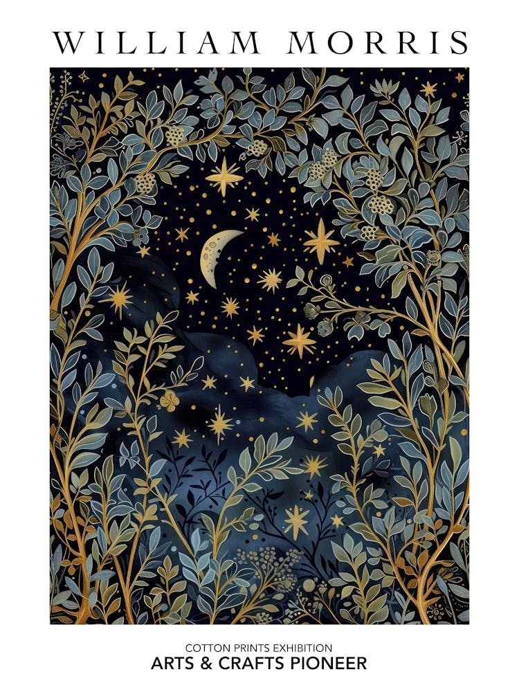 William Morris Print Night Sky Botanical Moon Poster Vintage Wall Art Textiles Art Vintage Poster