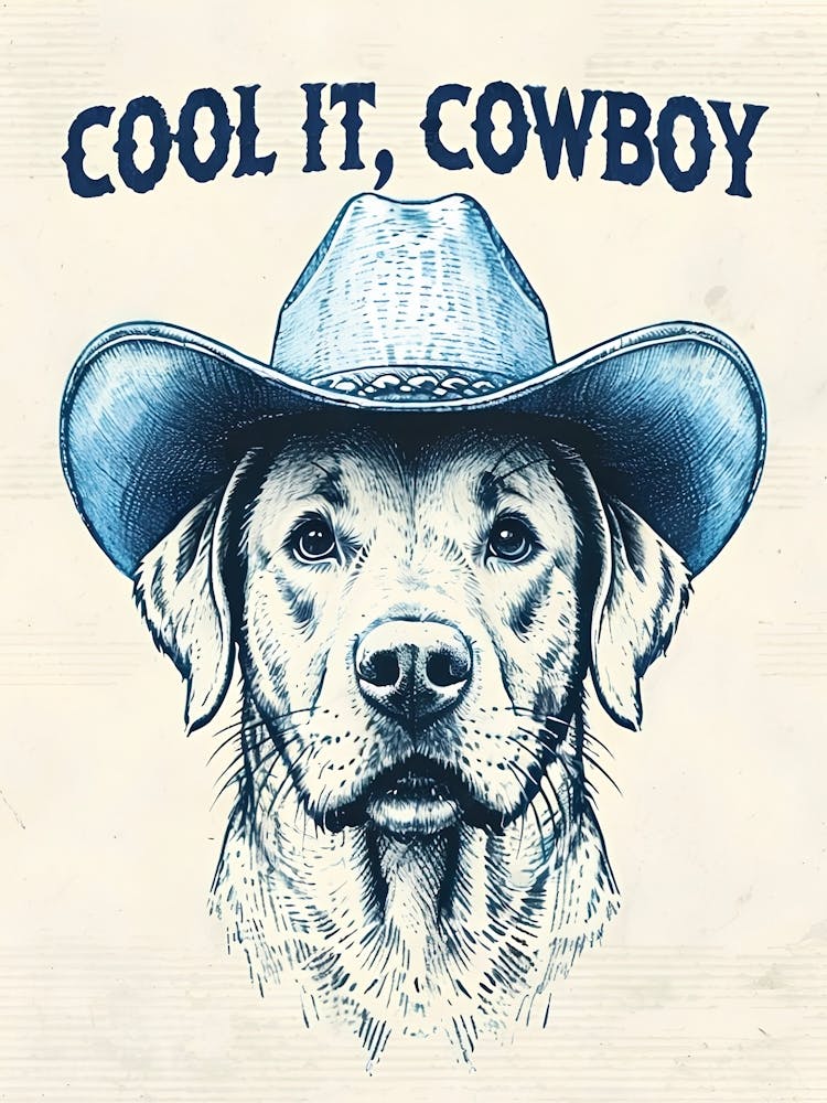 Cool It Cowboy - Blue Wall Art Dog - Western Dog Print Retro