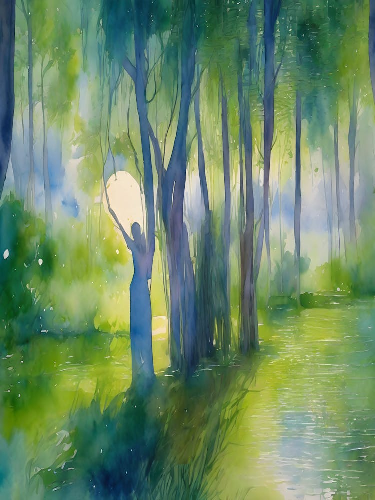 Dryads Optical Illusion Women Nymphs Trapped in the Woods Camouflaged Watercolor Awaiting a Victim Wailing Sirens - Interesting Impressionism Green Blue Birch and Willow Tree Forest and Lake - Pagan Feature Gallery Wall Siren Calling HD 1