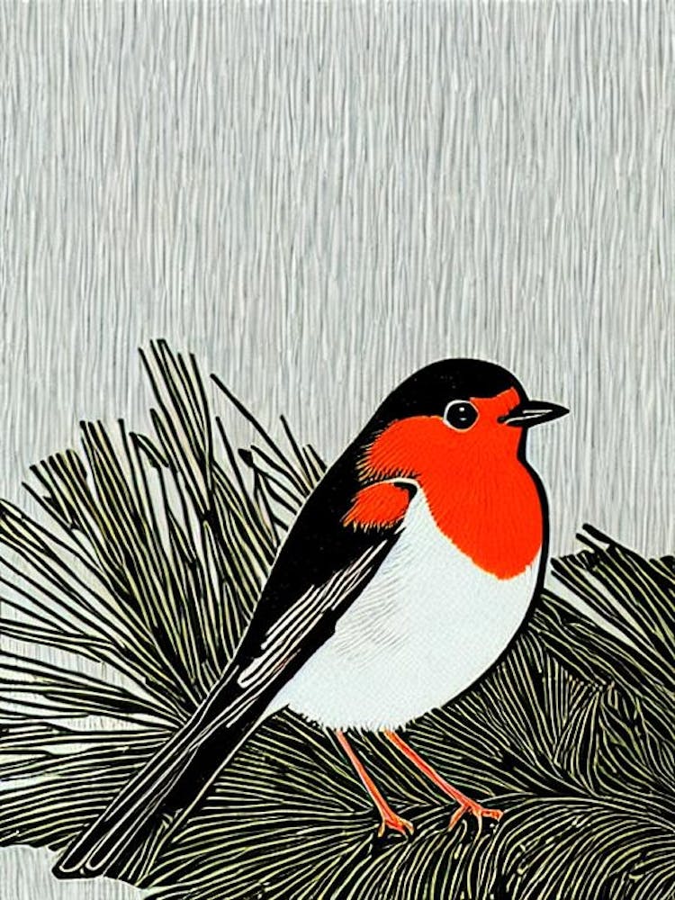 European Robin 2 Linocut Bird