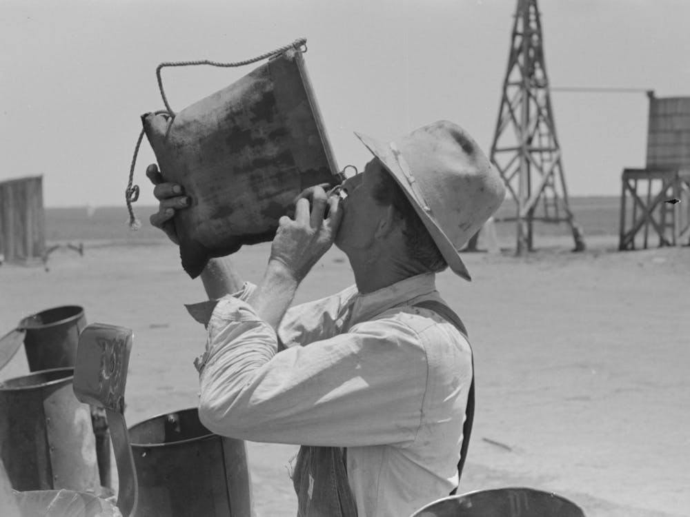 Day Laborer Drinking From Desert Water Bag, Large Farm Near Ralls, Texas By Russell Lee