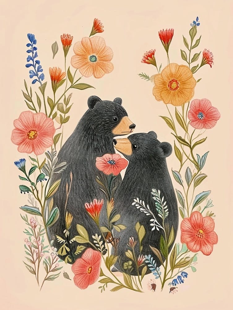 Folksy Floral Animal Drawing Bear 2