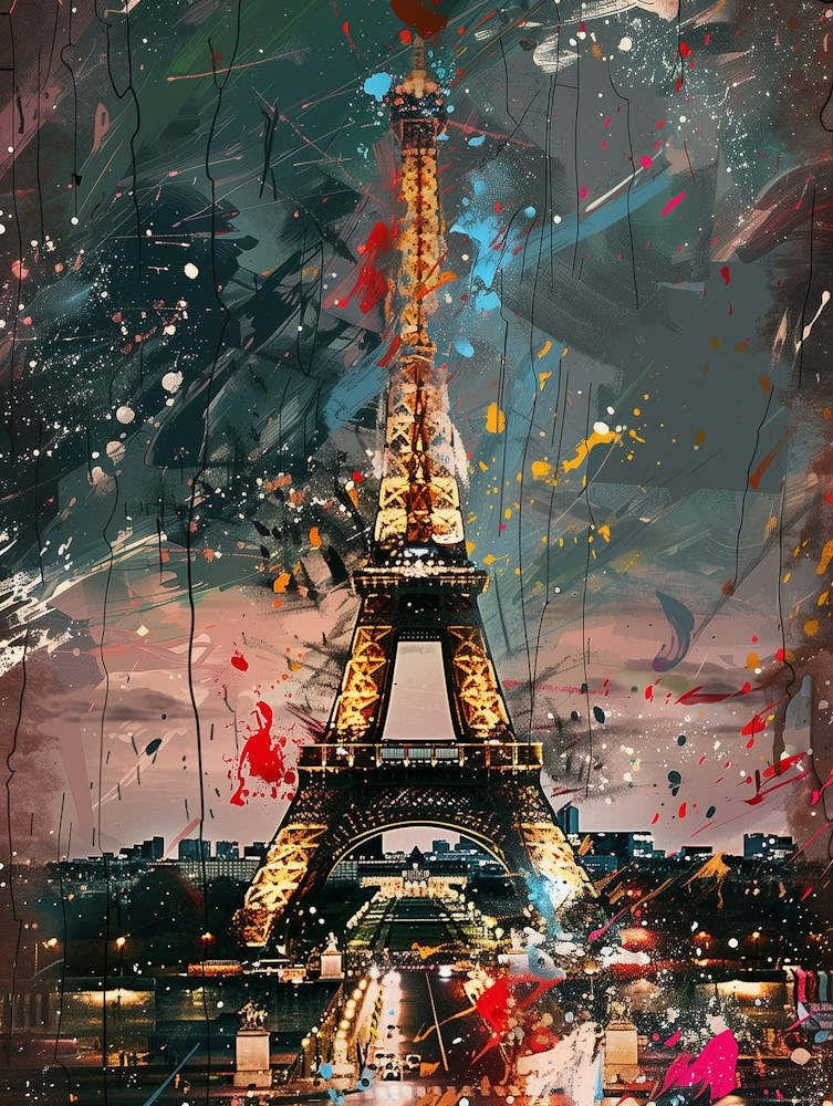 The Eiffel Tower Reimagined Through The Lens Of Action Painting, With Bold, Slashing Strokes And Drips Of Paint Creating A Turbulent Atmosphere, As If The Tower Is Emerging From A Creative Storm, Set In The Heart Of A Blurred Paris