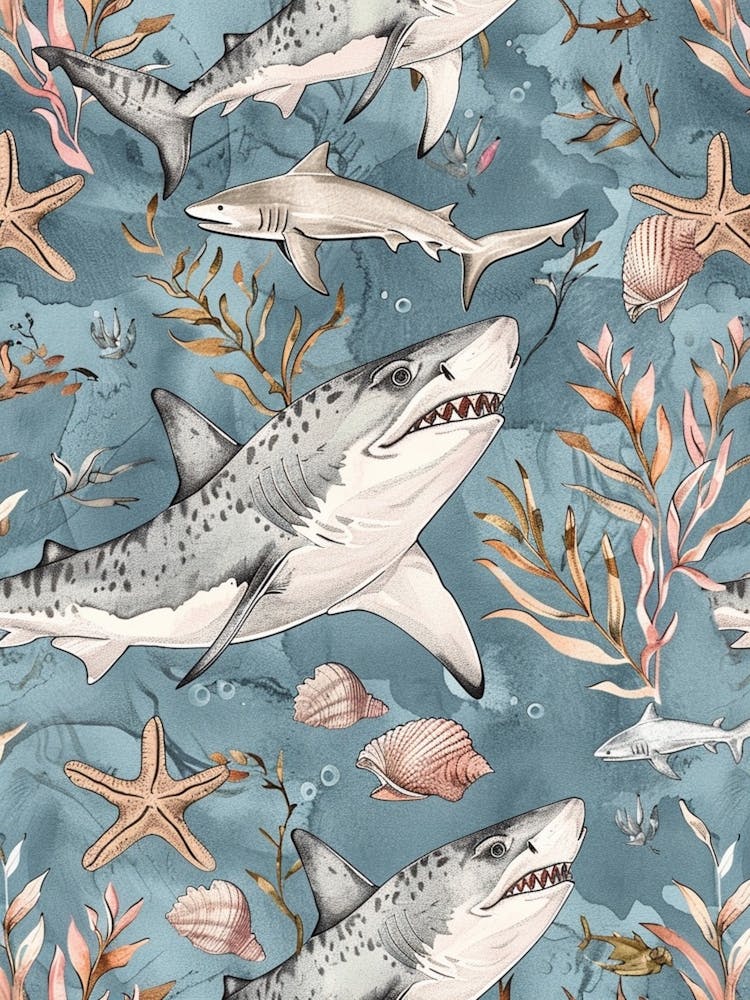 Pastel Blue Tiger Shark Watercolour Seascape Pattern 3